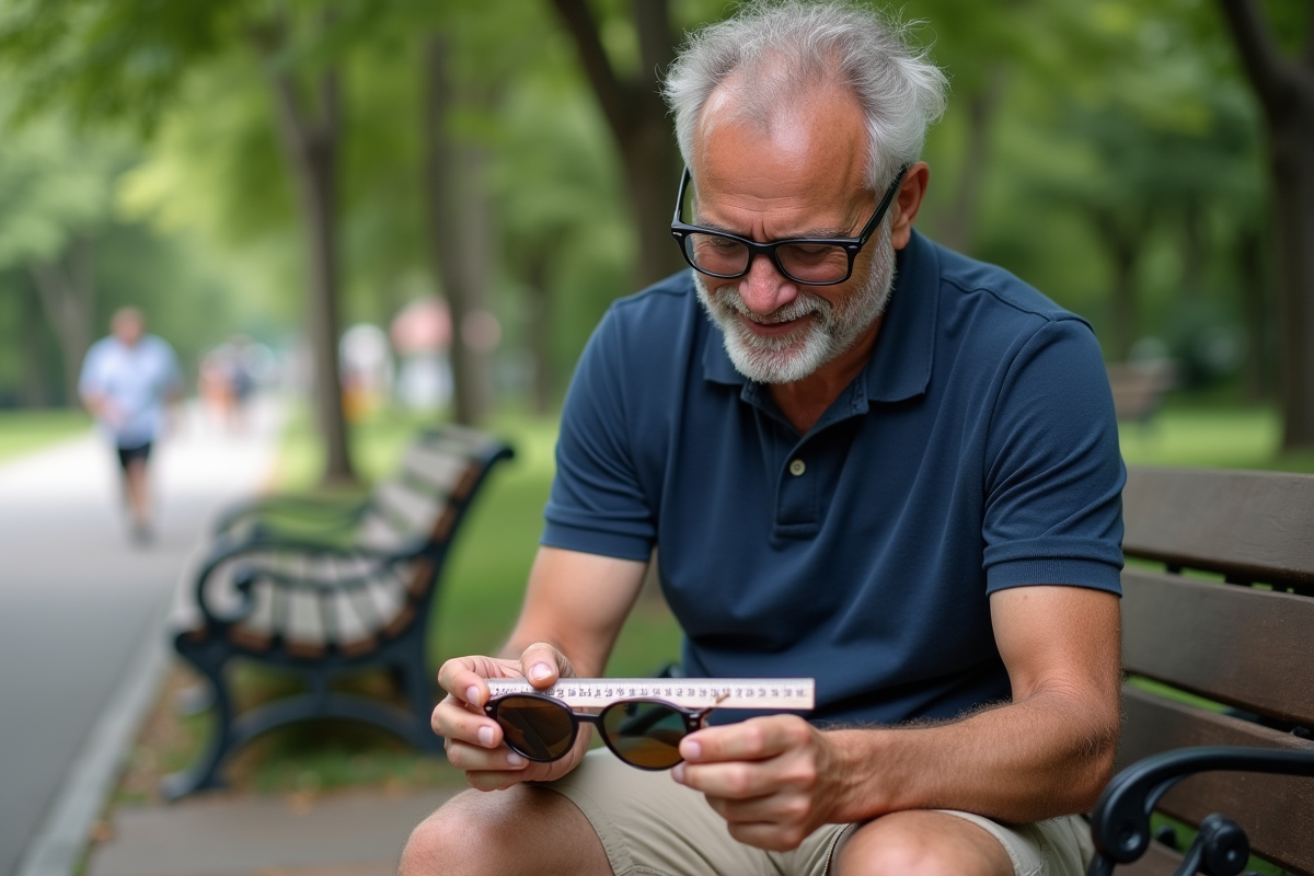 Homme mesurant la largeur de ses lunettes de soleil dans un parc