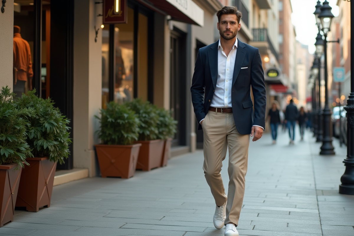 Homme en blazer marche dans une rue urbaine animée