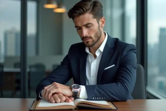 Homme en costume regardant sa montre dans un bureau moderne