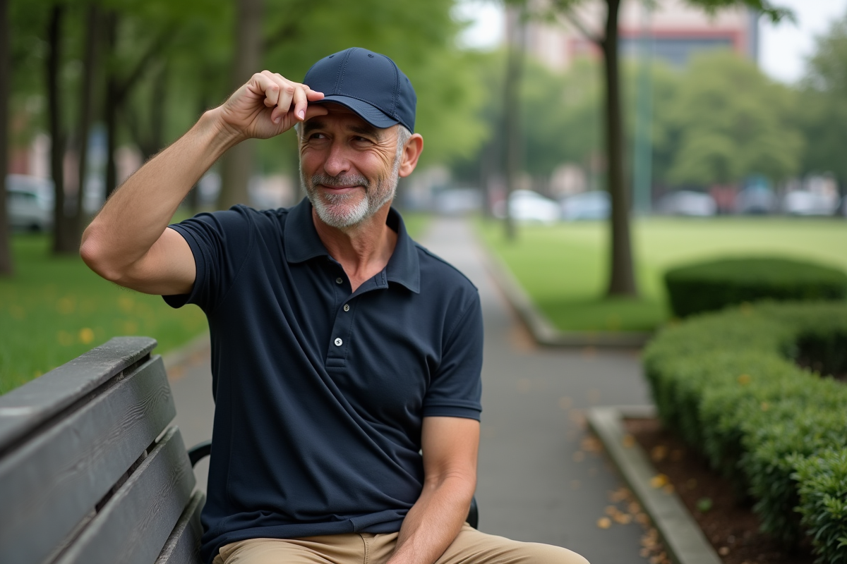 Homme ajustant un chapeau dans un parc urbain