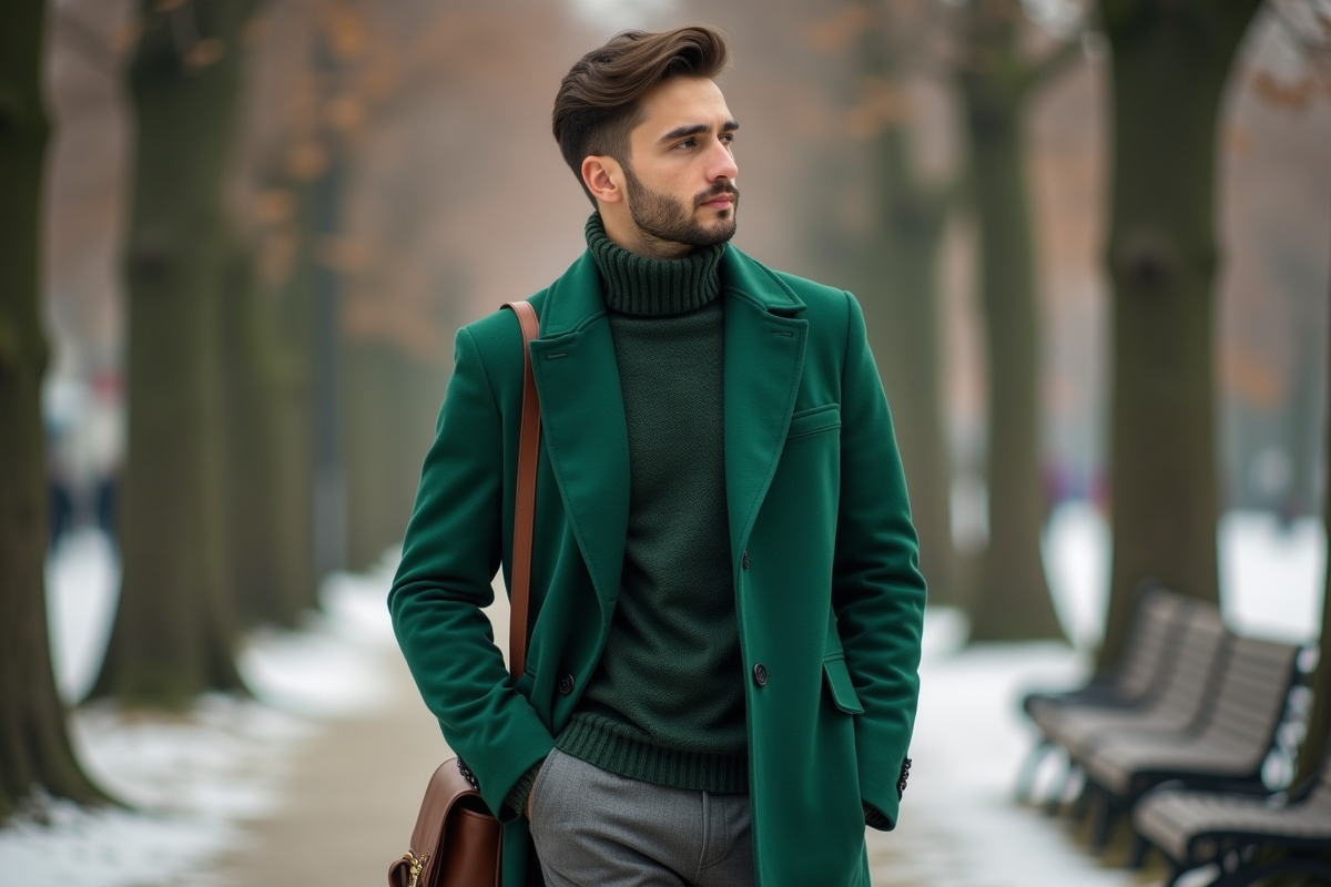 Homme en manteau vert dans un parc urbain d