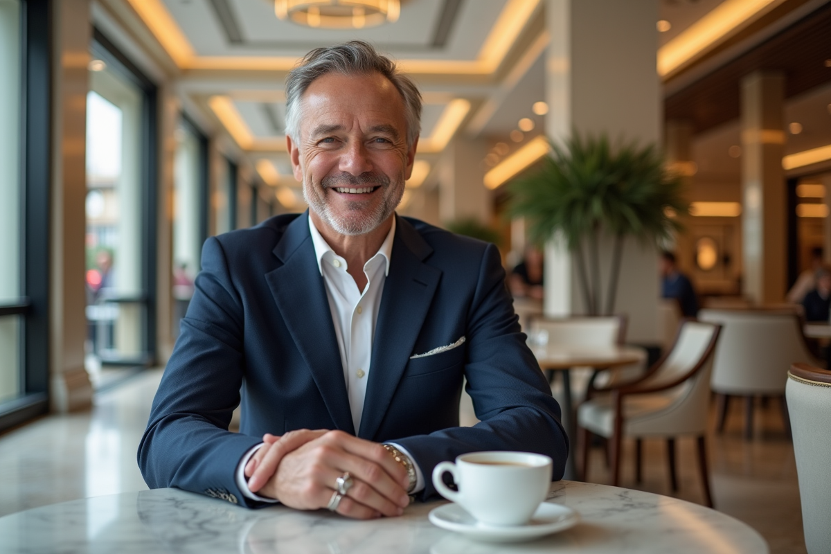 Homme d age en costume dans un café luxe