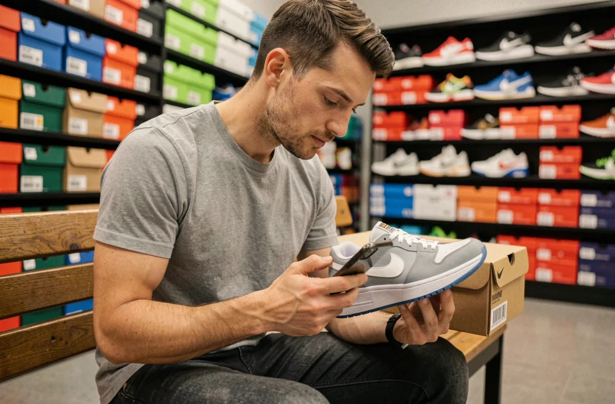 Homme scannant le code UPC d'une boîte de chaussures Nike en magasin avec son smartphone