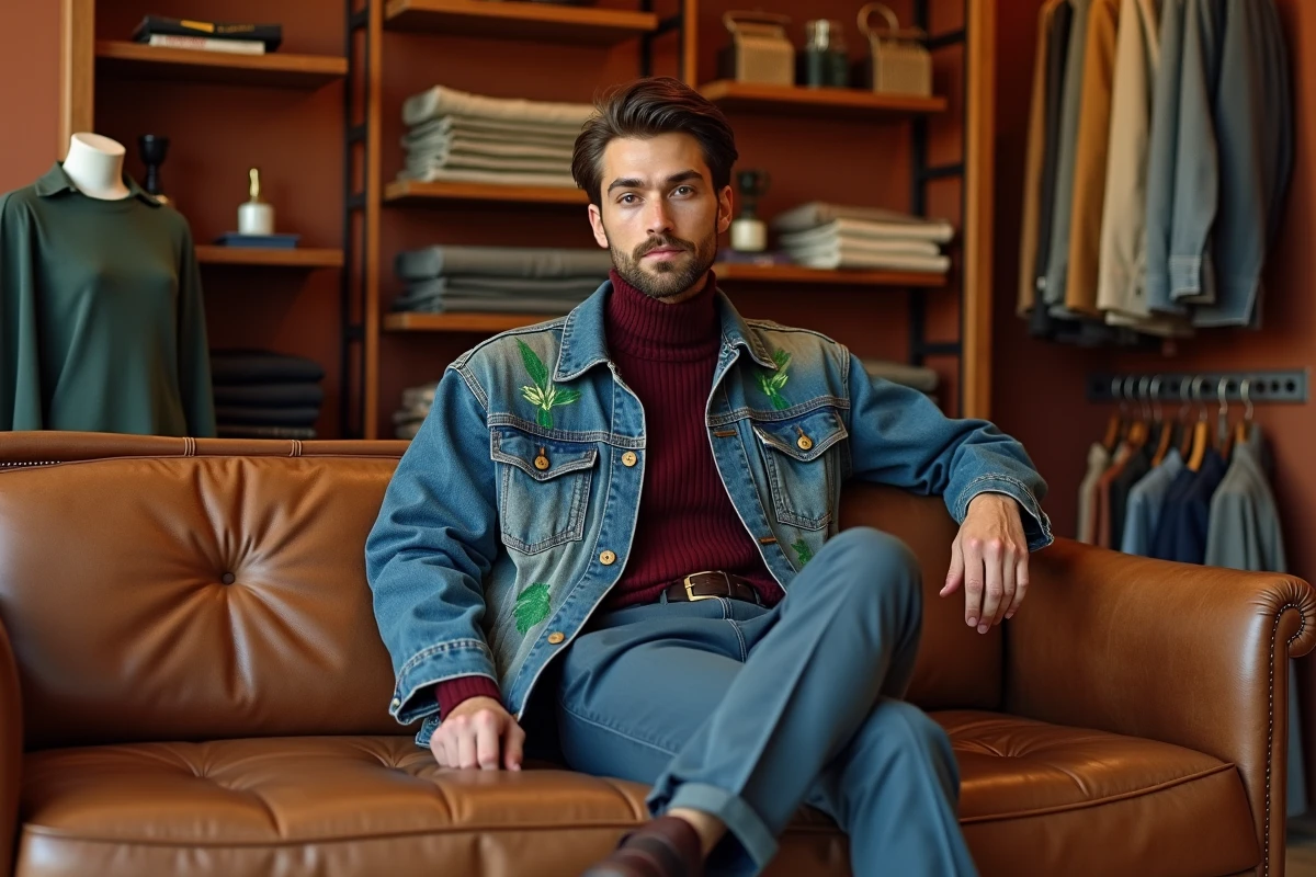 Homme en veste en jean vintage oversize des années 90 et col roulé bordeaux tendance 2026, assis dans une boutique vintage au décor en bois et terracotta