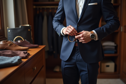 Homme en costume sélectionnant une ceinture en cuir dans un dressing élégant