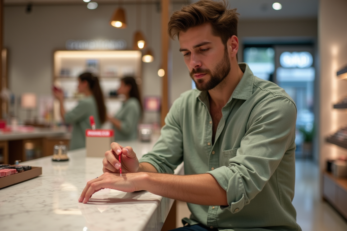 Jeune homme testant un rouge à lèvres en magasin moderne