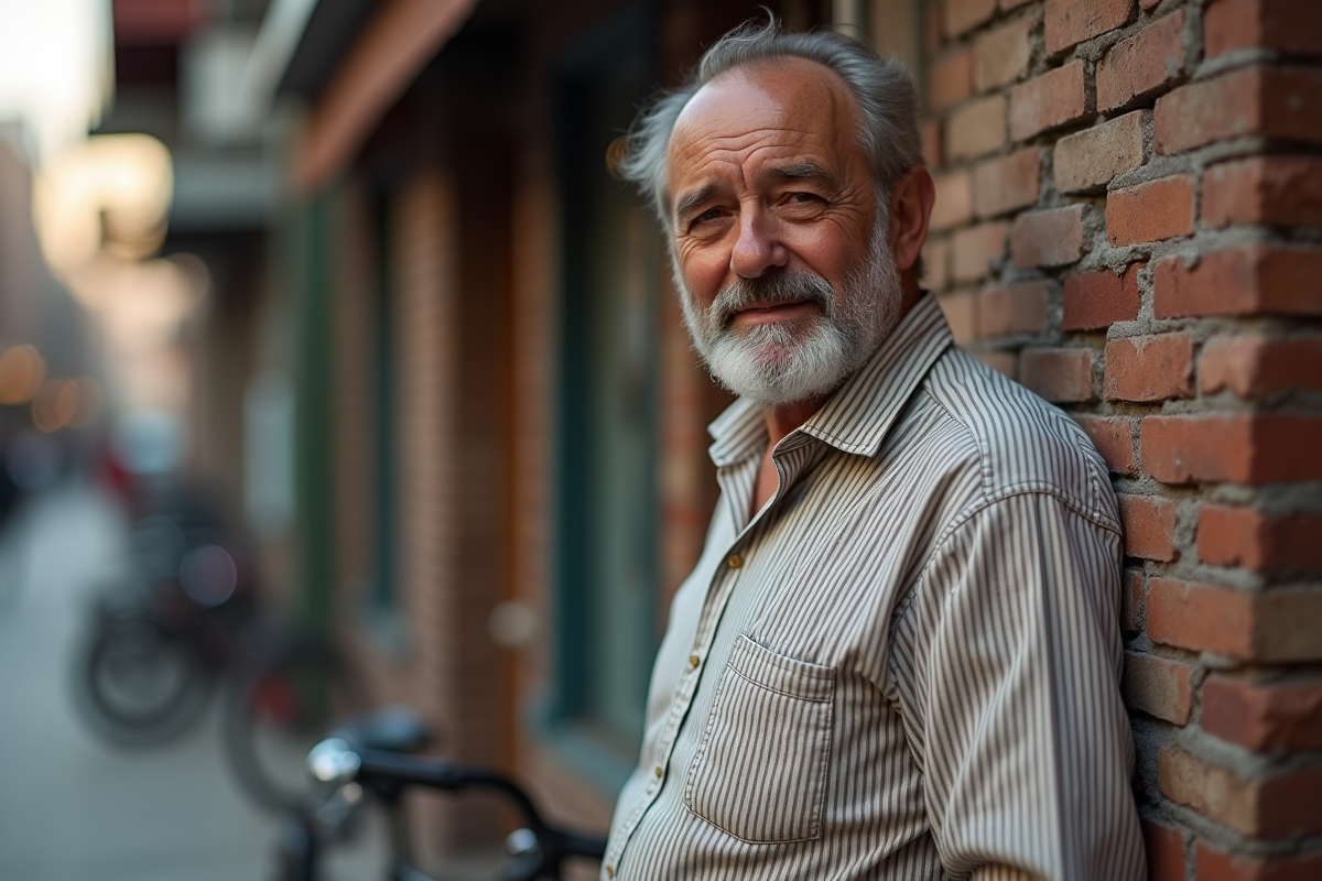 Homme vintage posant devant un mur en briques