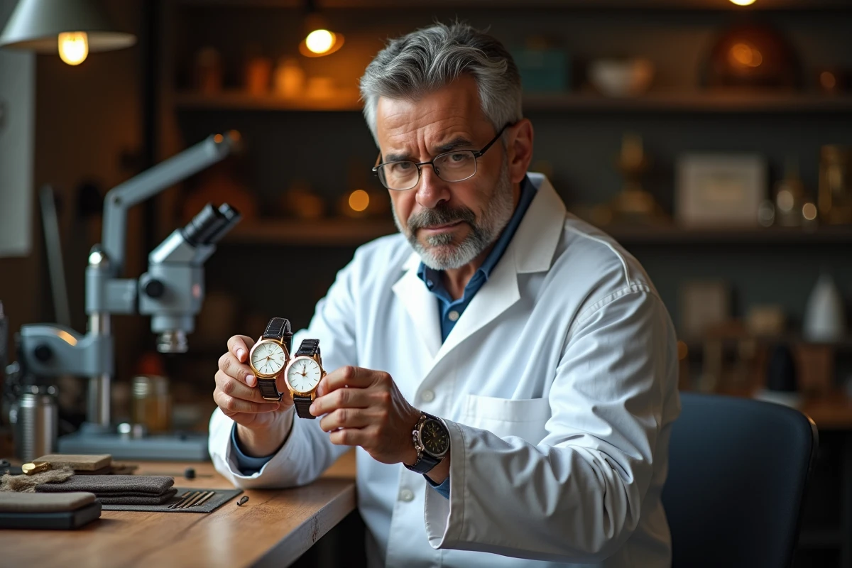 Horloger expert tenant une montre en or jaune et une montre en or blanc, comparant les deux métaux précieux dans son atelier professionnel