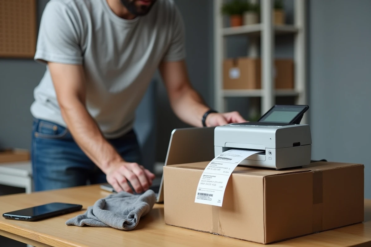 Homme imprimant une étiquette d'expédition pour envoyer des vêtements vendus sur Seelpy depuis son bureau à domicile