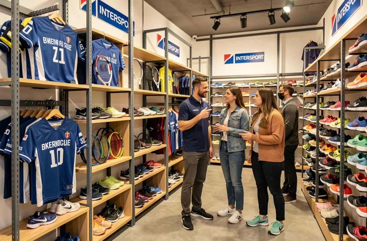 Intérieur d'un magasin Intersport à Nantes avec des rayons de vêtements et équipements sportifs de marque