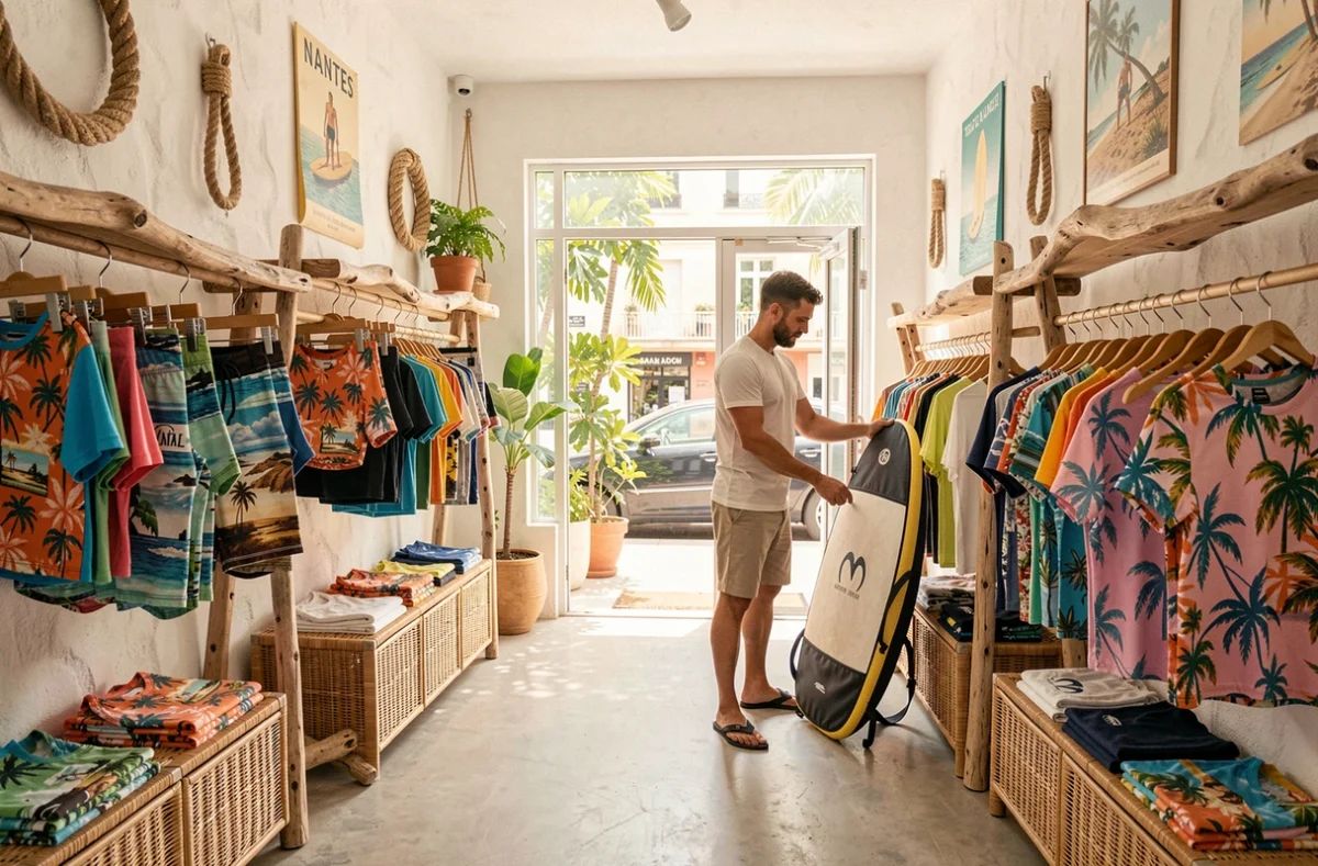 Boutique Island Paradise à Nantes avec un gérant arrangeant des vêtements de surf dans un intérieur tropical