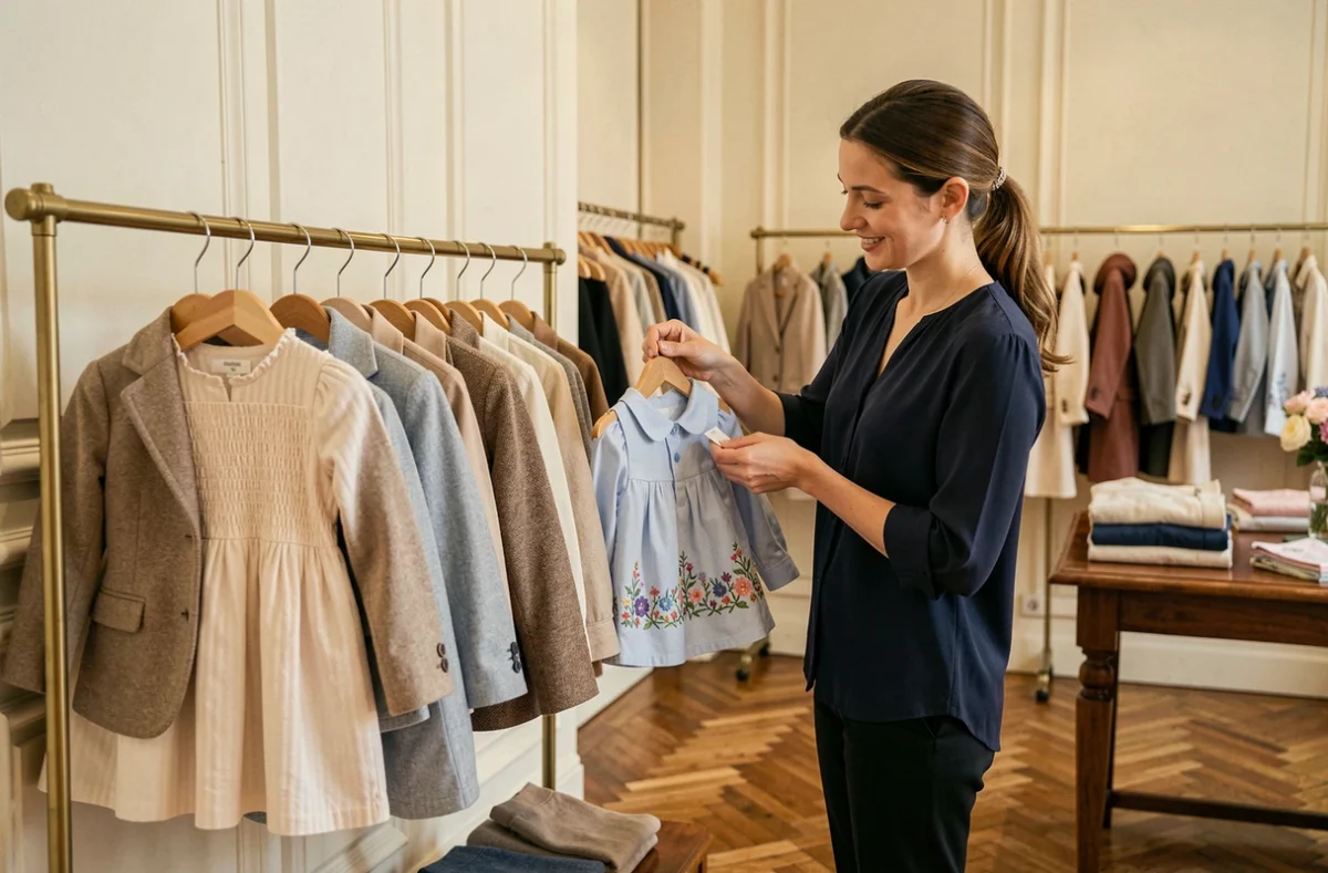 Boutique Jacadi à Boulogne-Billancourt avec des vêtements enfants classiques et chics sur des portants en bois