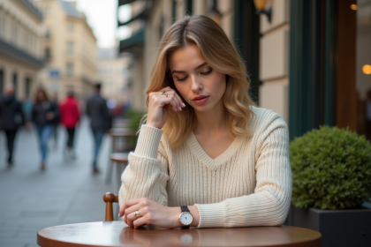Jeune femme au caf&eacute; v&eacute;rifiant sa montre &eacute;l&eacute;gante