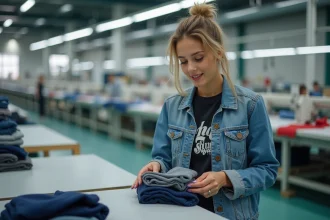 Jeune femme dans une usine de textile examine des vêtements pliés