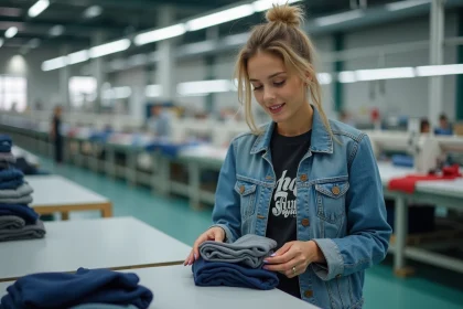 Jeune femme dans une usine de textile examine des v&ecirc;tements pli&eacute;s
