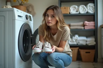 Jeune femme dans une laverie tenant des sneakers usés