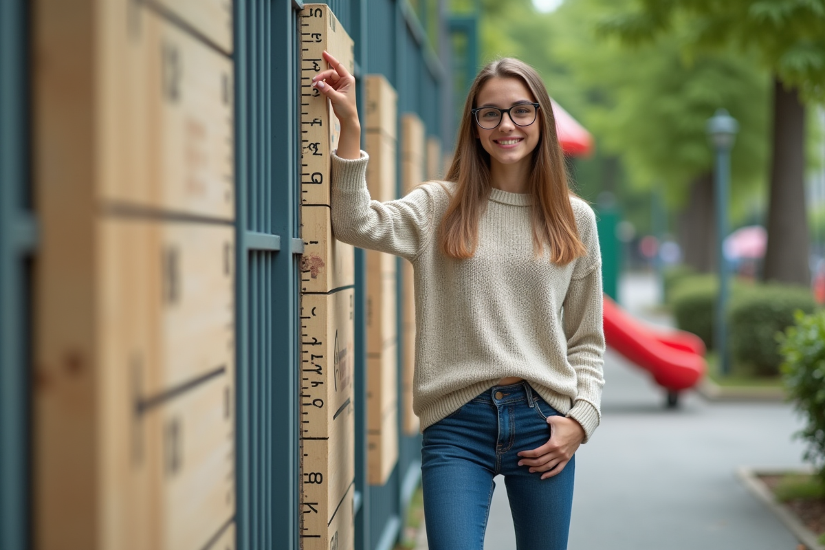 Jeune femme mesurant sa taille sur un mur de playground