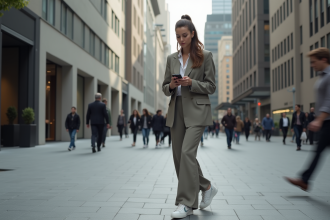Jeune femme élégante marche dans la ville en blazer