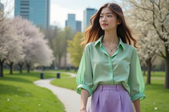 Jeune femme élégante dans un parc urbain au printemps