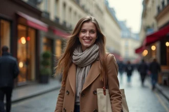 Jeune femme parisienne souriante dans la rue historique