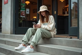 Jeune femme en streetwear décontracté assise dehors