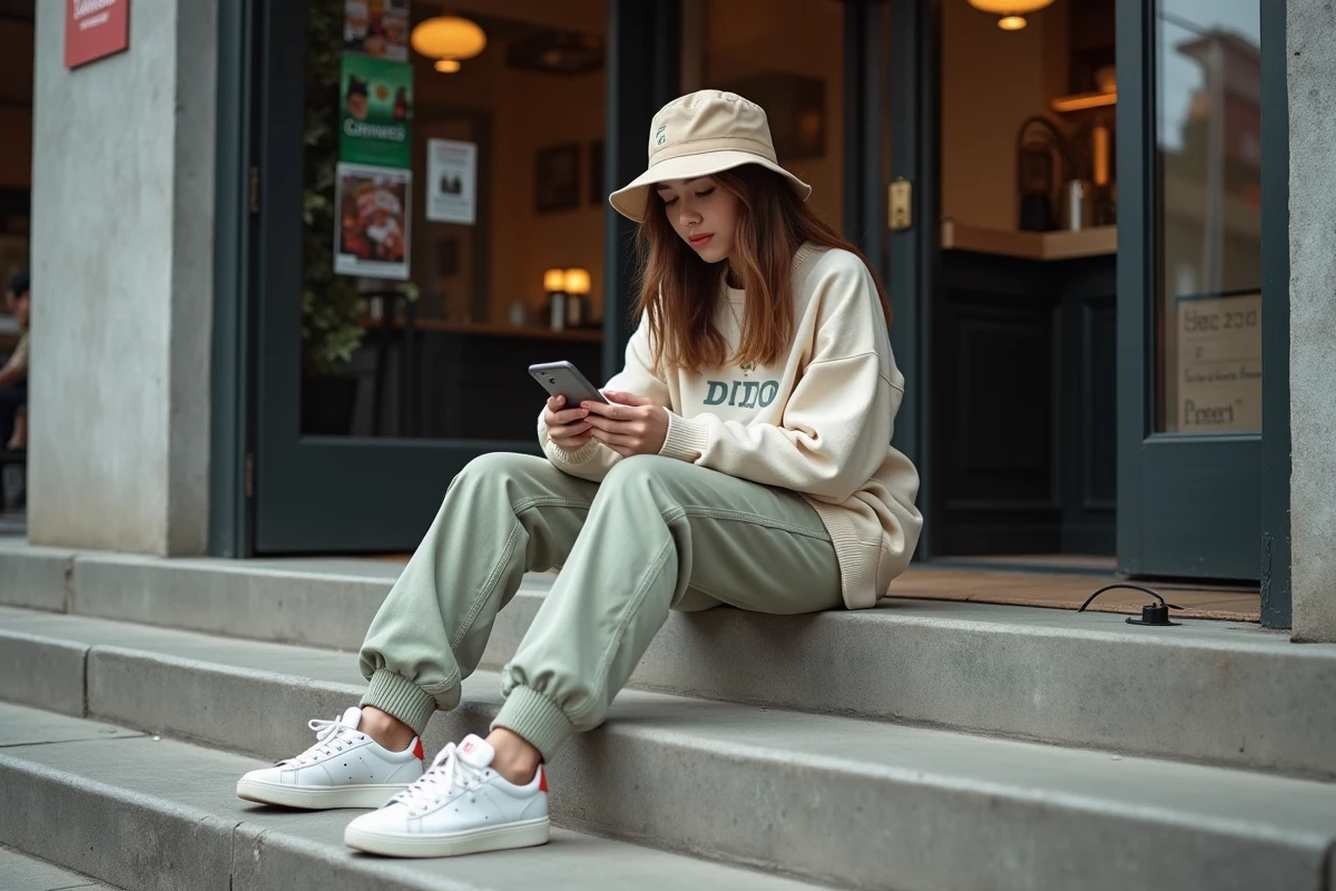 Jeune femme en streetwear décontracté assise dehors