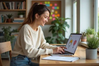 Jeune femme souriante travaillant sur un ordinateur à la maison