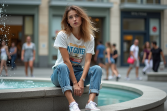 Jeune femme en jeans retrousses et tee-shirt vintage dans une place urbaine