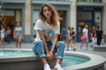 Jeune femme en jeans retrousses et tee-shirt vintage dans une place urbaine