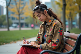 Jeune femme en streetwear créatif esquissant des idées de mode dans un parc urbain