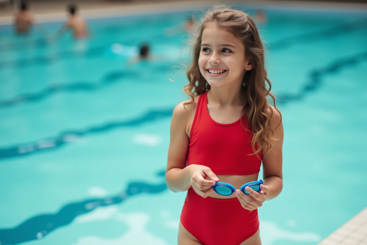Jeune fille souriante en maillot de bain rouge au bord de la piscine