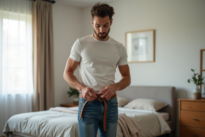 Jeune homme en jean et t-shirt ajustant sa ceinture dans une chambre lumineuse
