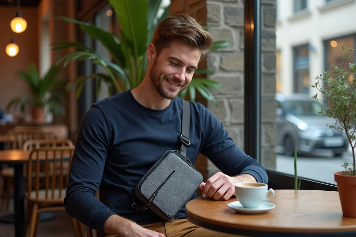 Jeune homme au café avec sac à bandoulière