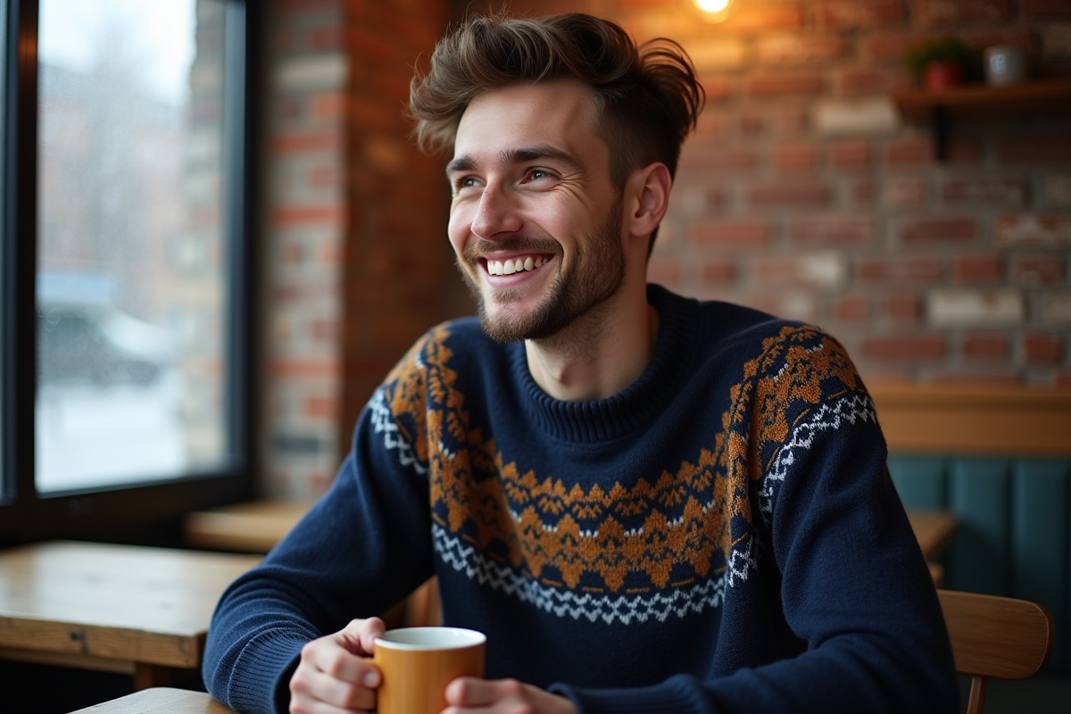 Jeune homme au café en hiver avec pull en laine