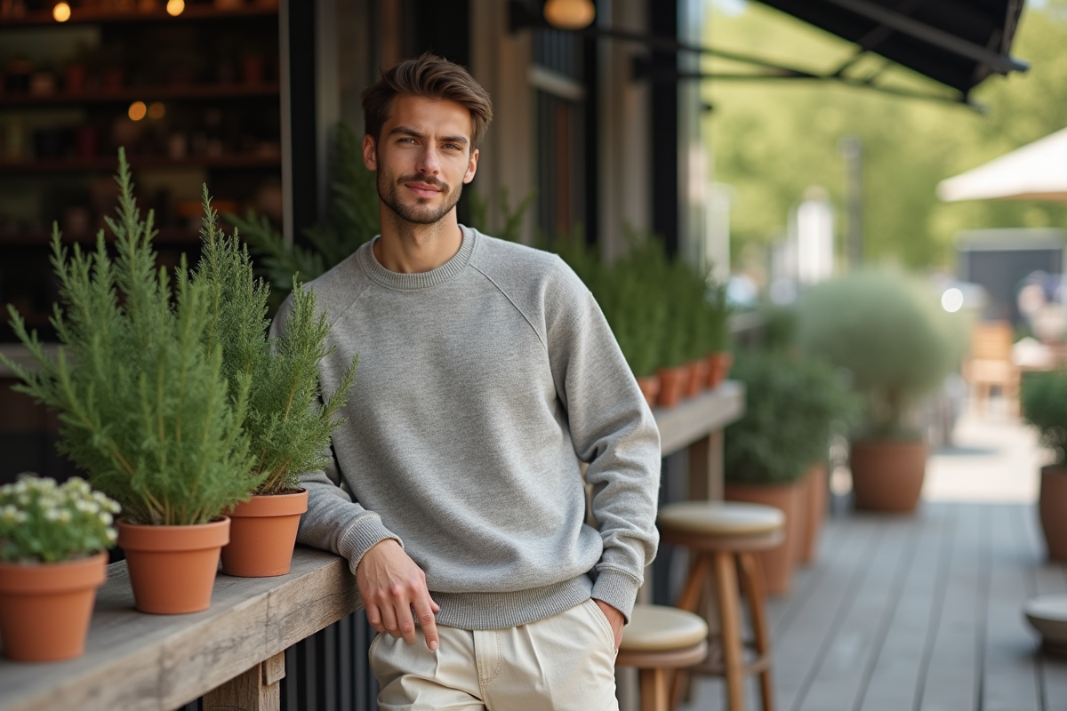 Jeune homme en streetwear détendu sur une terrasse de café