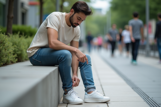 Jeune homme assis sur un banc urbain en train de lacer ses sneakers modernes