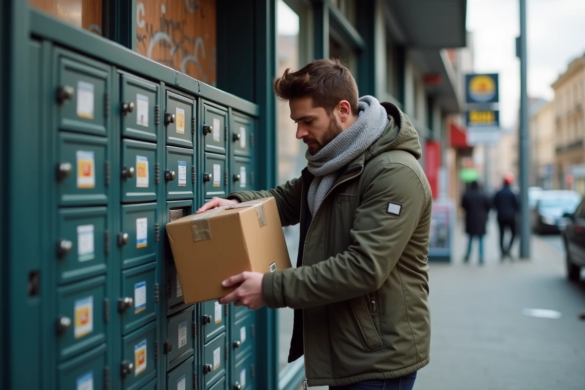 Jeune homme d&eacute;pose un colis dans un casier ext&eacute;rieur