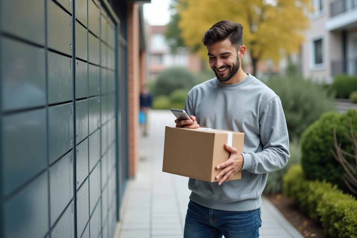 Jeune homme avec colis devant un casier de livraison en extérieur