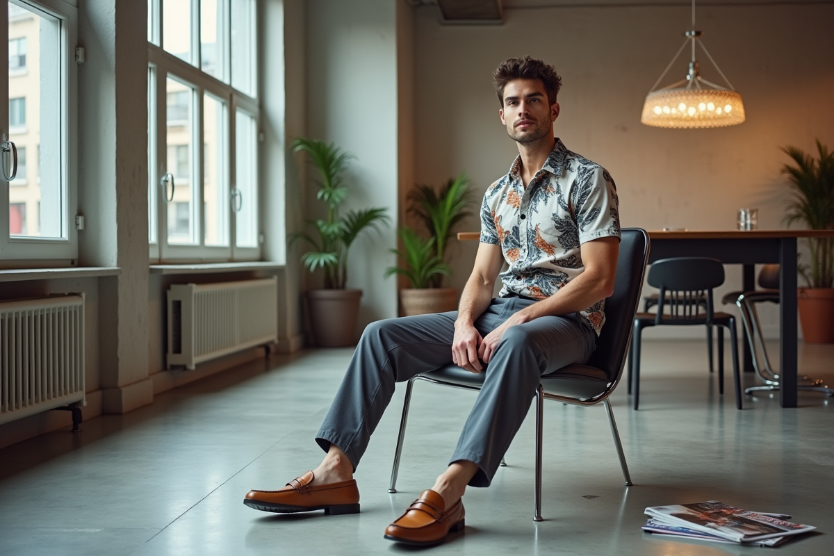 Homme en chemise imprimée dans un loft moderne