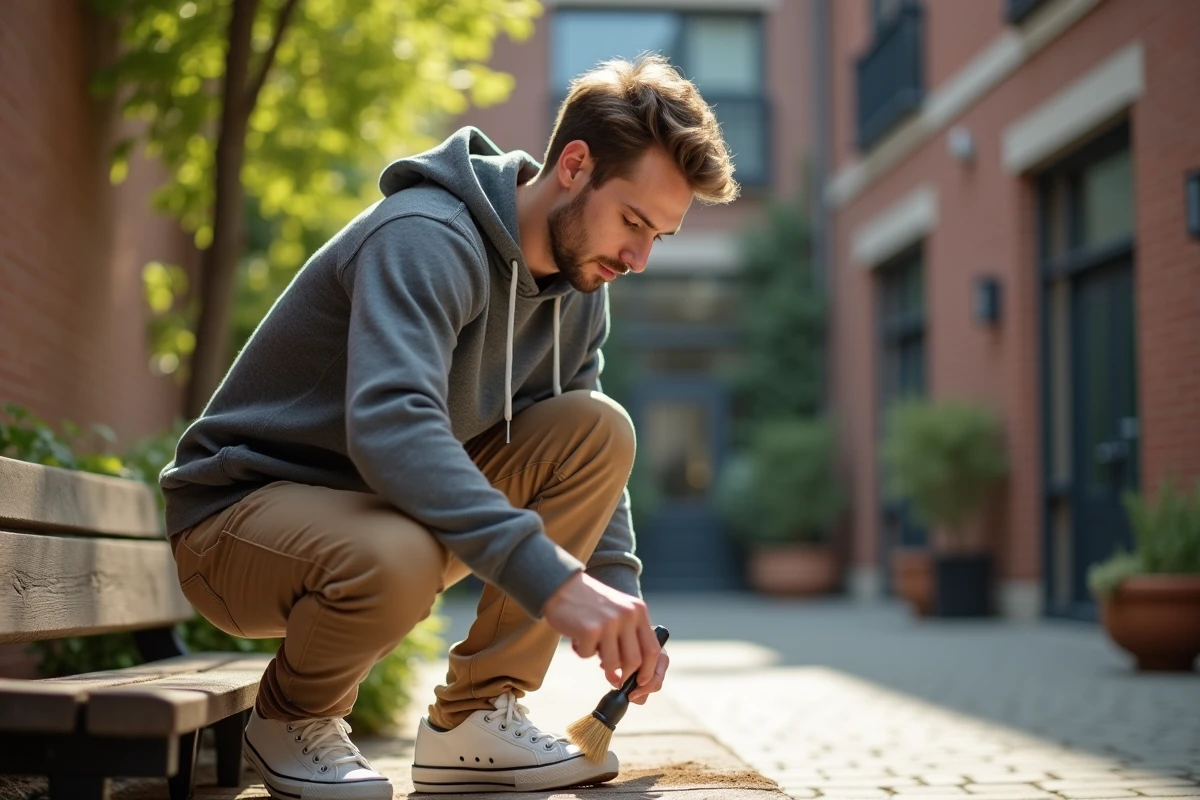 Jeune homme nettoyant ses sneakers en extérieur