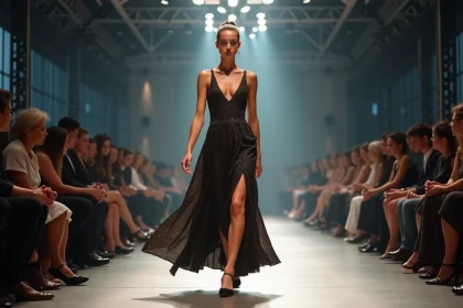 Jeune mannequin marche sur un runway de mode en haute couture