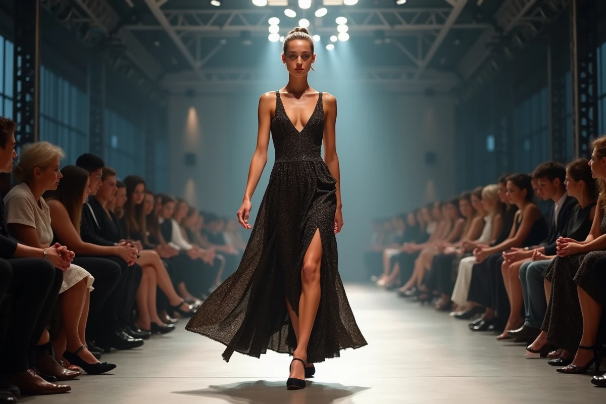 Jeune mannequin marche sur un runway de mode en haute couture
