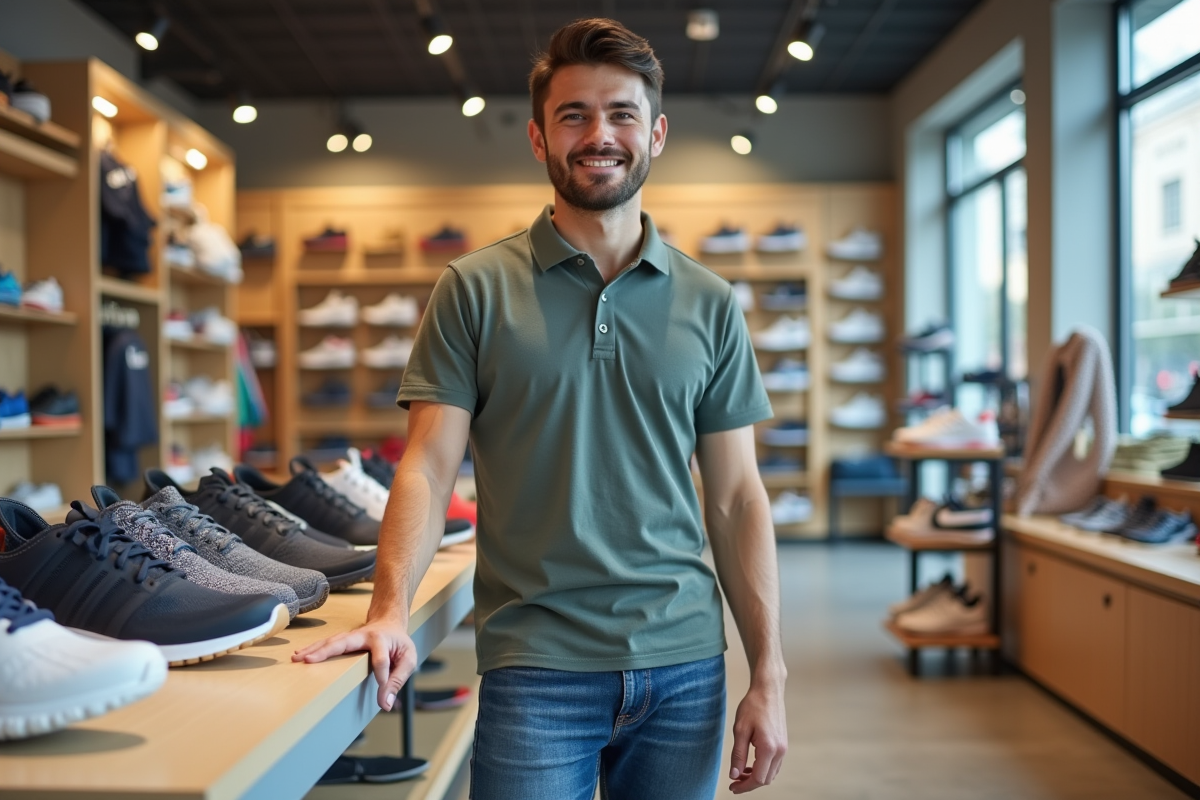 Vendeur souriant dans une boutique de chaussures sportive