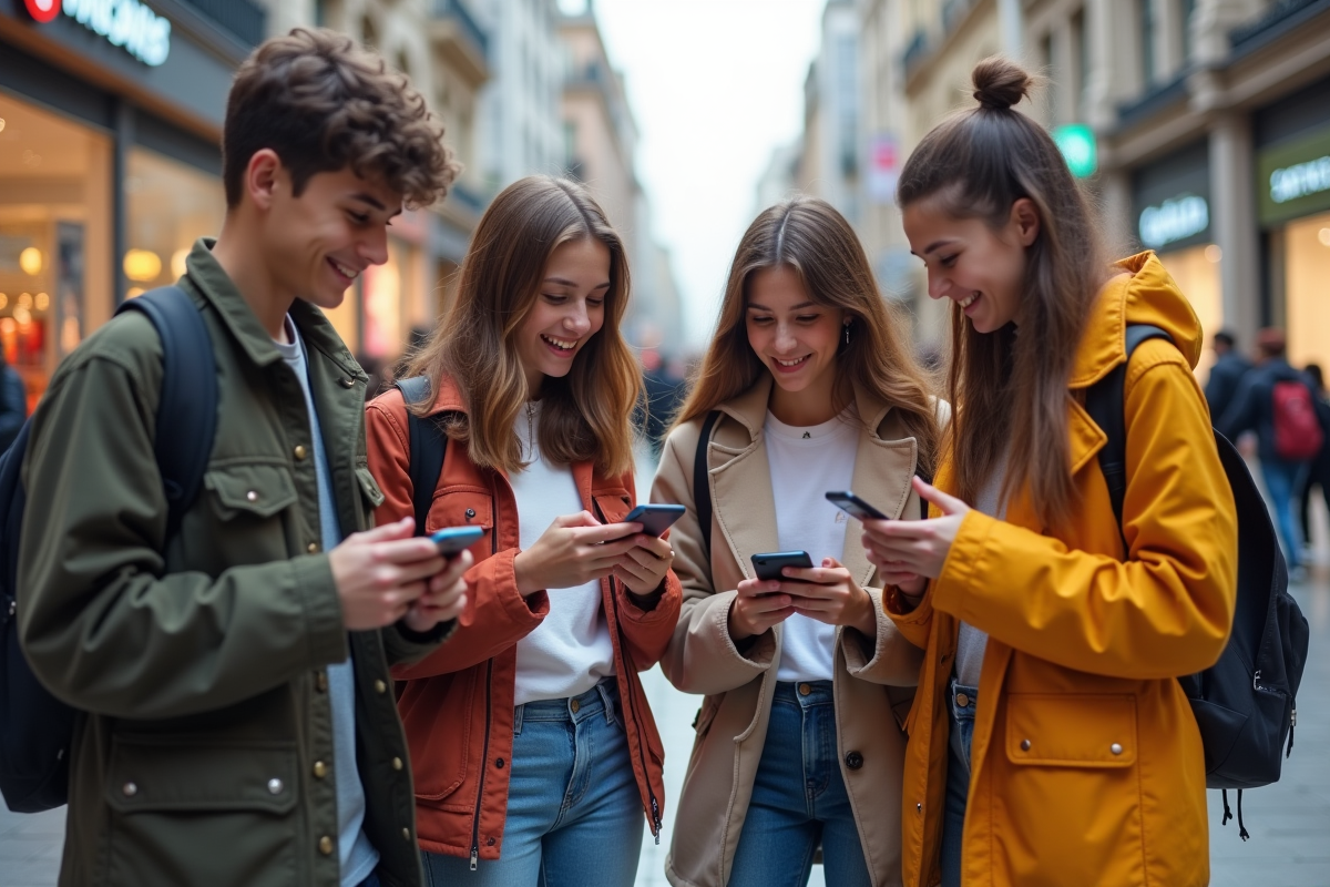 Groupe d adolescents discutant avec smartphones devant un centre commercial
