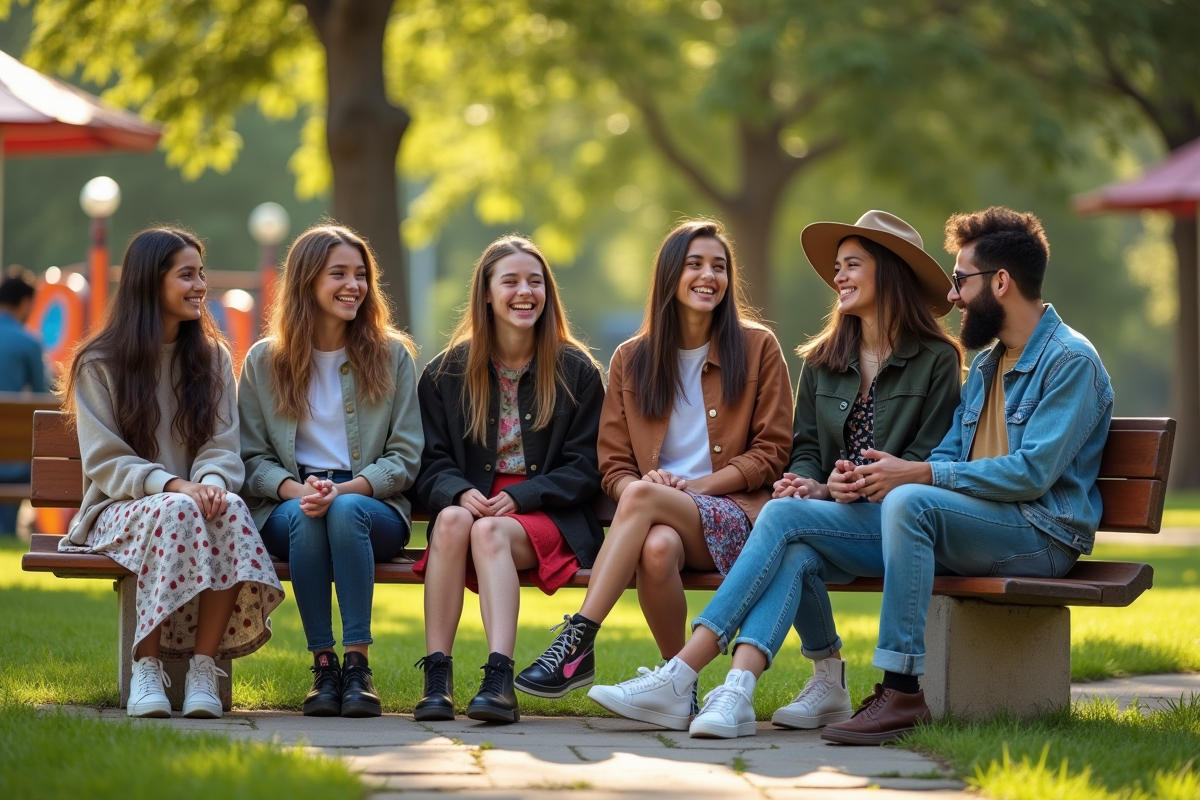 Groupe d adolescents en mode décontracté dans un parc ensoleille