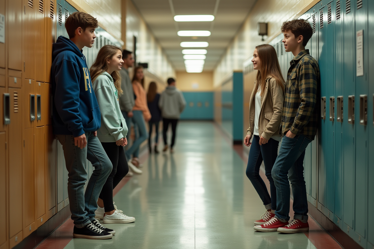 Groupe d adolescents avec sneakers colorés dans un couloir d école