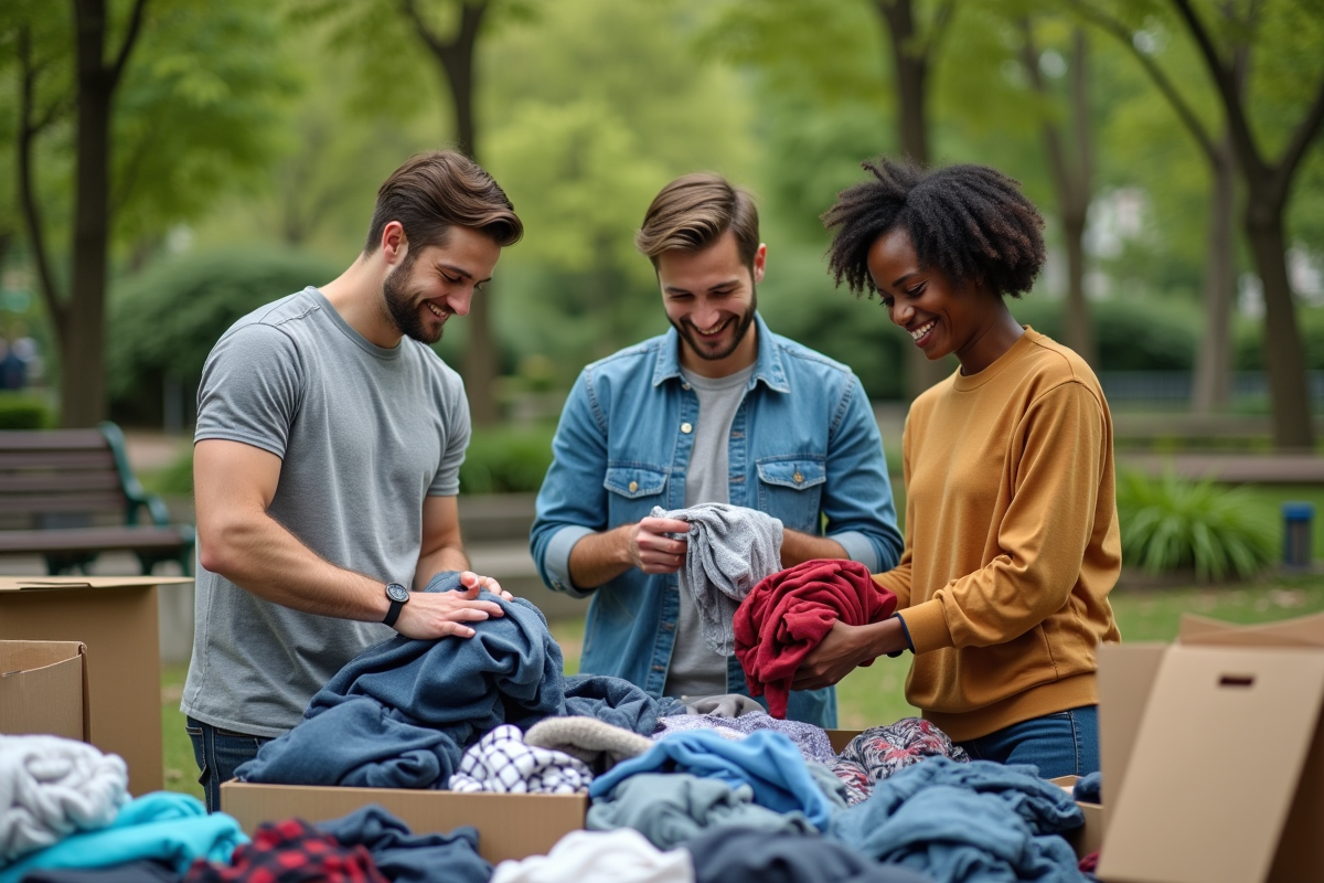 Jeunes collaborant pour collecter des vêtements en plein air