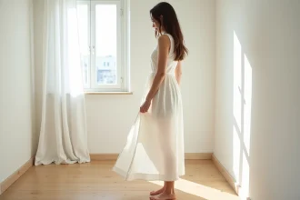 Femme portant une robe blanche longue avec un jupon blanc en dessous, solution anti-transparence pour robes blanches 2026