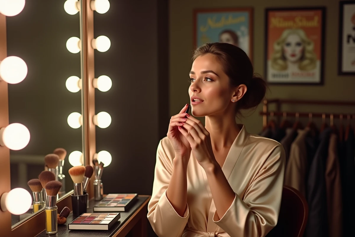 Femme se préparant dans une loge de cabaret devant un miroir de maquilleuse entouré d'ampoules vintage