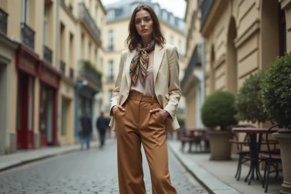 Femme portant un mix vintage années 70 et tendances 2026 dans une rue pavée parisienne, avec pantalon palazzo camel et blazer structuré écru
